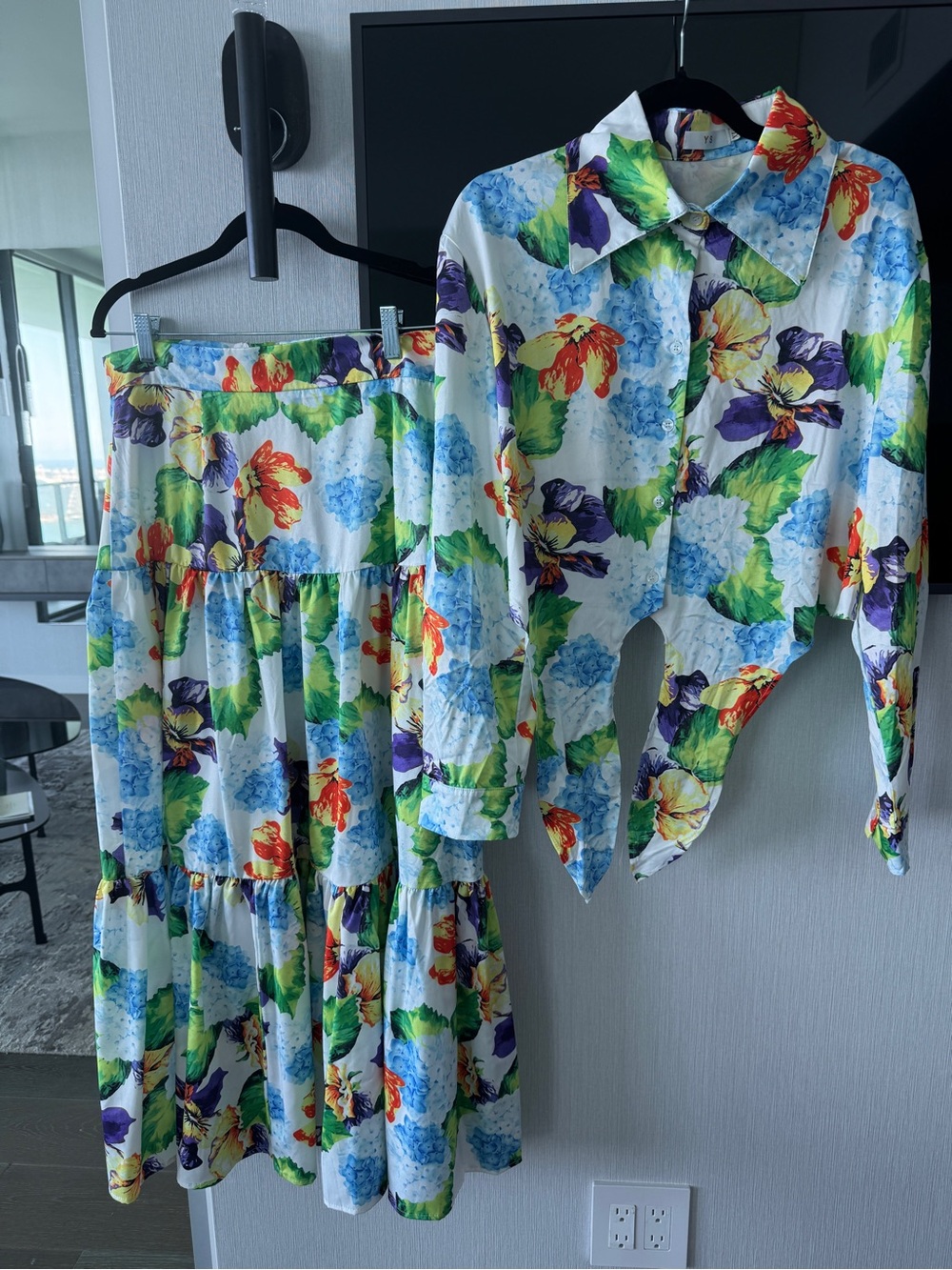 Designer-style Floral Print tie blouse & Tiered Maxi Skirt Set